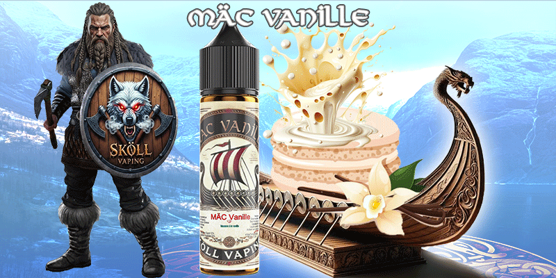visuel décrivant le guerrier Sköllvaping, la fiole du produit Limønäd, un drakkar avec des visuels représentant les ingrédients du liquide-MÄC-vanille-sköllvaping-eliquide-macaron-vanille-viking
