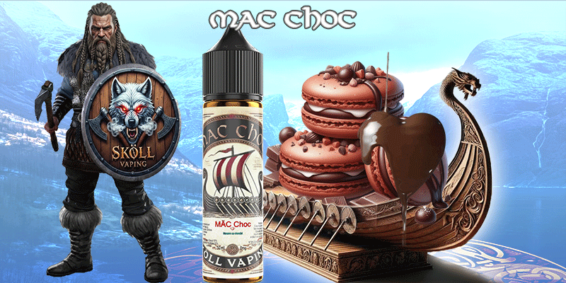 visuel décrivant le guerrier Sköllvaping, la fiole du produit Limønäd, un drakkar avec des visuels représentant les ingrédients du liquide-Mac-Choc-sköllvaping-eliquide-macaron-chocolat-viking