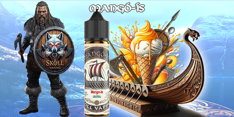 visuel décrivant le guerrier Sköllvaping, la fiole du produit Limønäd, un drakkar avec des visuels représentant les ingrédients du liquide-Mangó-ís-sköllvaping-eliquide-glace-crème-glacée-mangue-viking