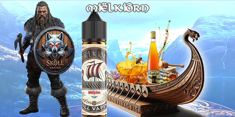 visuel décrivant le guerrier Sköllvaping, la fiole du produit Limønäd, un drakkar avec des visuels représentant les ingrédients du liquide-Miëlkiôrn-sköllvaping-eliquide-miel-chouchen-viking