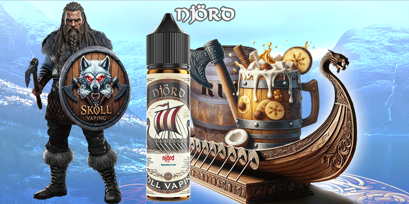 visuel décrivant le guerrier Sköllvaping, la fiole du produit Limønäd, un drakkar avec des visuels représentant les ingrédients du liquide-Njörd-sköllvaping-eliquide-rhum-banane-coco-viking