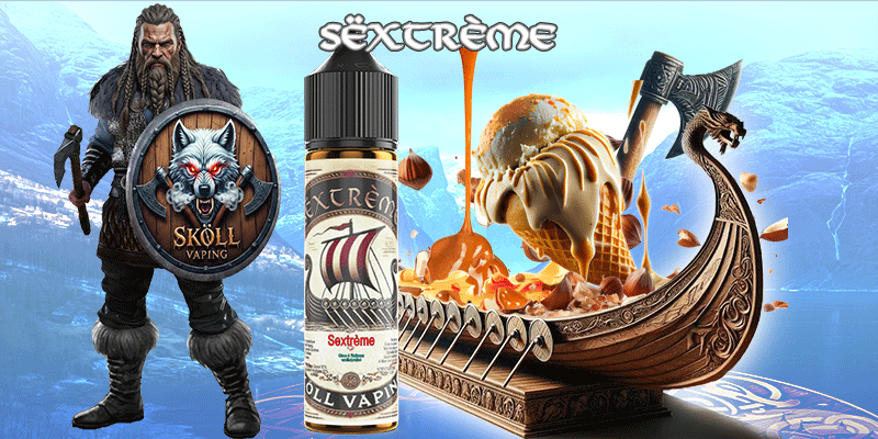 visuel décrivant le guerrier Sköllvaping, la fiole du produit Limønäd, un drakkar avec des visuels représentant les ingrédients du liquide-Sëxtrème-sköllvaping-eliquide-glace-crème-glacée-vanille-praline-viking