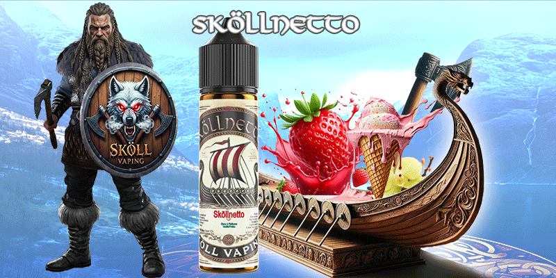 visuel décrivant le guerrier Sköllvaping, la fiole du produit Limønäd, un drakkar avec des visuels représentant les ingrédients du liquide-Sköllnetto-sköllvaping-eliquide-glace-crème-glacée-vanille-fraise-viking