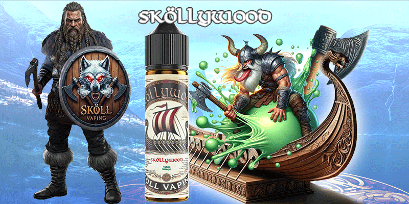 visuel décrivant le guerrier Sköllvaping, la fiole du produit Limønäd, un drakkar avec des visuels représentant les ingrédients du liquide-Sköllywood-sköllvaping-eliquide-menthe-chlorophile-chewing-gum-hollywood-viking