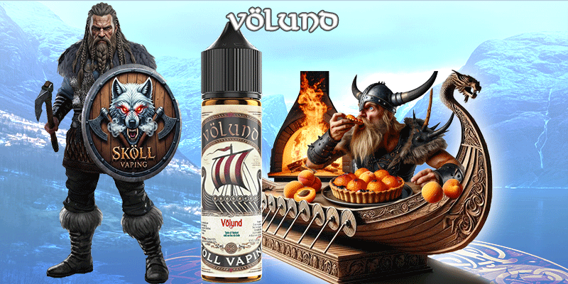 visuel décrivant le guerrier Sköllvaping, la fiole du produit Limønäd, un drakkar avec des visuels représentant les ingrédients du liquide-Völund-sköllvaping-eliquide-tarte-abricot-viking