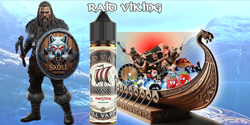 visuel décrivant le guerrier Sköllvaping, la fiole du produit Limønäd, un drakkar avec des visuels représentant les ingrédients du liquide-raid-viking-sköllvaping-eliquide-fruits-rouge-red-astaire-viking