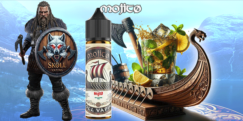 visuel décrivant le guerrier Sköllvaping, la fiole du produit Limønäd, un drakkar avec des visuels représentant les ingrédients du liquide-MojitØ-sköllvaping-eliquide-cocktail-mojito-viking