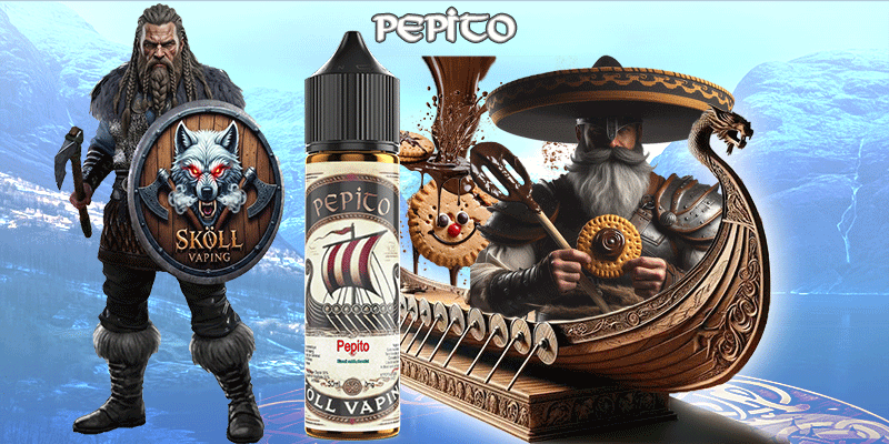 visuel décrivant le guerrier Sköllvaping, la fiole du produit Limønäd, un drakkar avec des visuels représentant les ingrédients du liquide-pepito-skollvaping-illustration-visuel-biscuit-sablé-chocolat-pépito-petit-lu-eliquide-viking