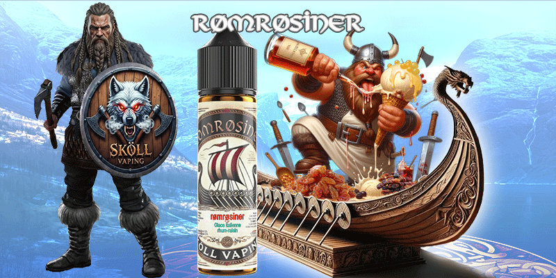 visuel décrivant le guerrier Sköllvaping, la fiole du produit Limønäd, un drakkar avec des visuels représentant les ingrédients du liquide-rømrøsiner.-sköllvaping-glace-rhum-raisin-eliquide-viking.gif