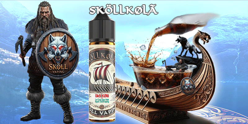 visuel décrivant le guerrier Sköllvaping, la fiole du produit Limønäd, un drakkar avec des visuels représentant les ingrédients du liquide-SköllKØlã-sköllvaping-eliquide-coca-cola-boisson-viking