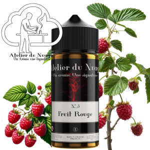 N°3-120ml framboise, fruit rouge,visuel représentant la fiole et en arrière plan, ces arômes