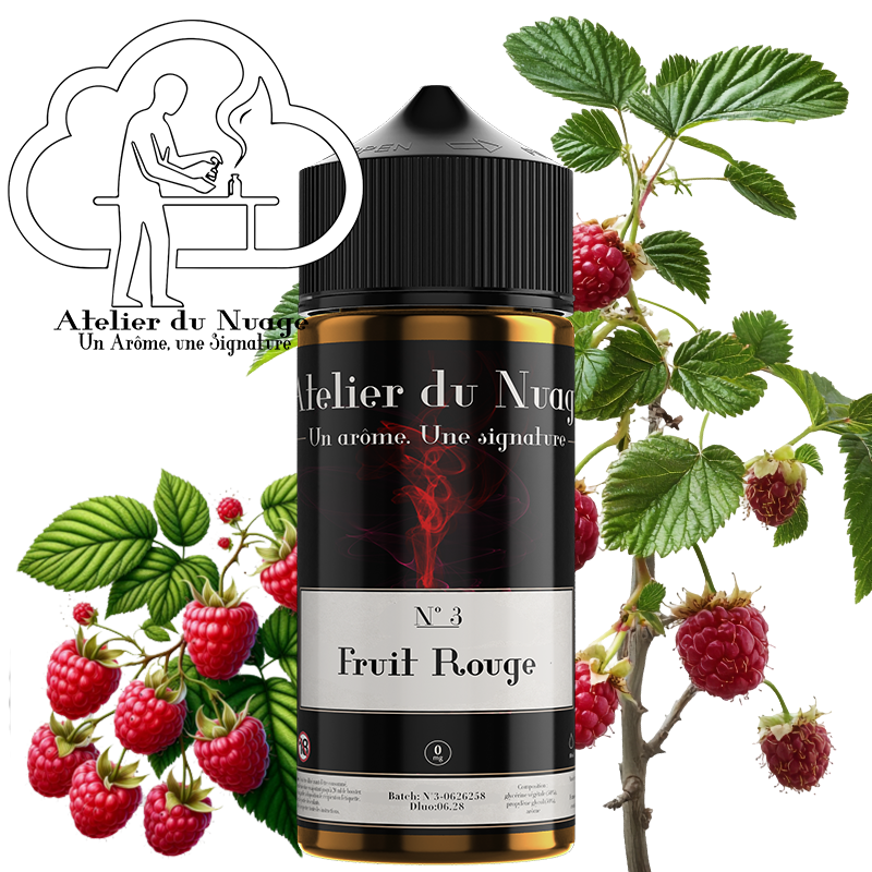 N°3-120ml framboise, fruit rouge,visuel représentant la fiole et en arrière plan, ces arômes