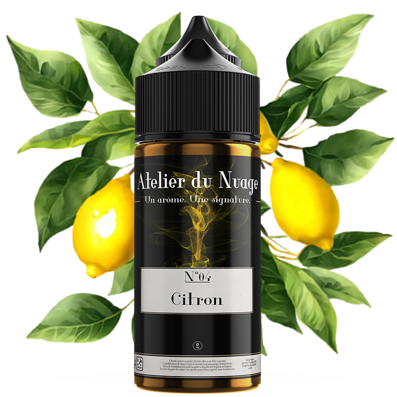 N°4-120ml citron visuel représentant la fiole et en arrière plan, ces arômes